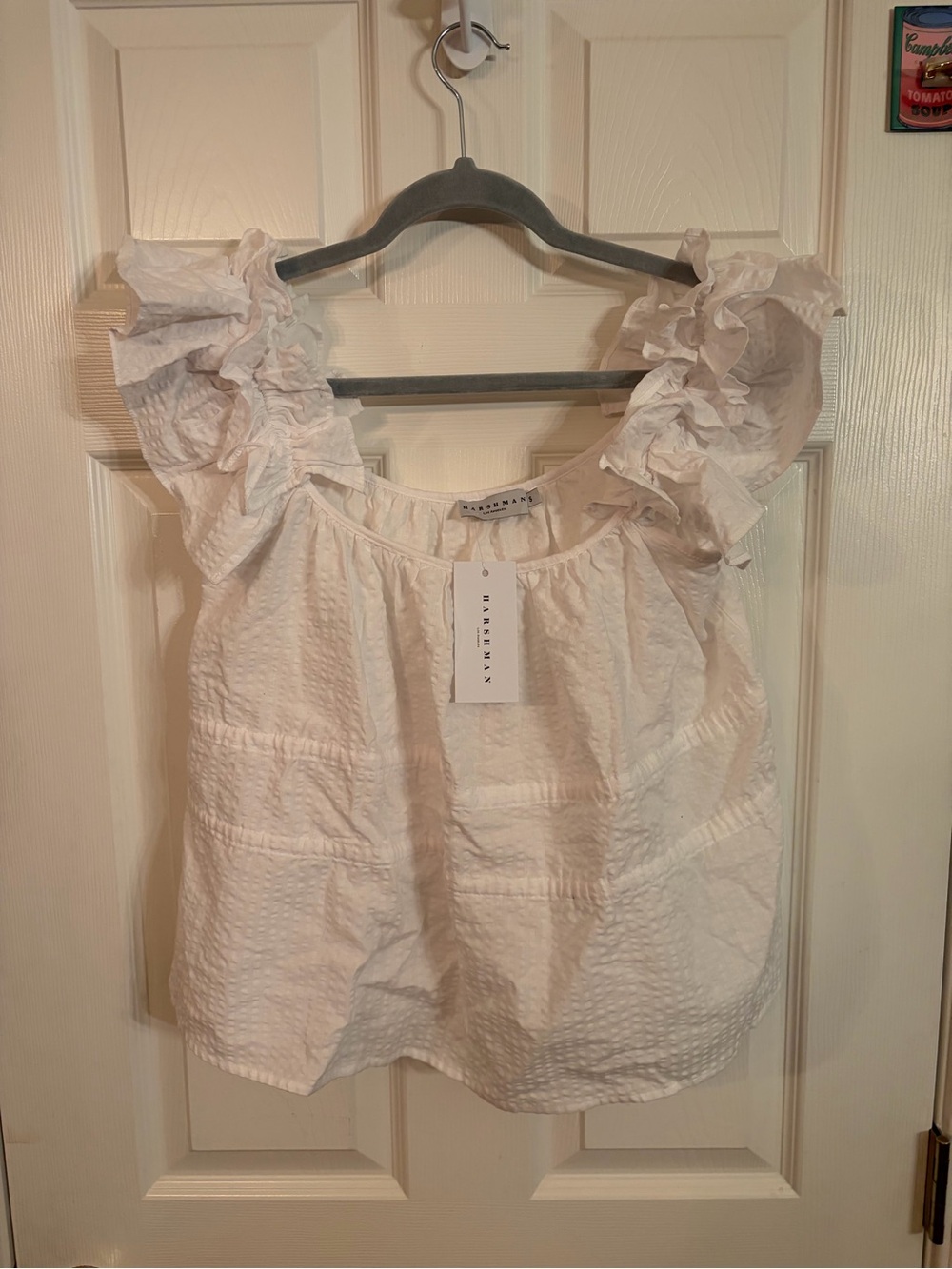 NWT Harshman Alize White Seersucker Ruffle Sleeve Top Blouse S